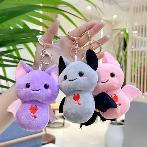 Cartoon Bat Plush Keychain Cute Animal Stuffed Toy Heart Embroidery Metal Clasp Bag Charm Halloween Decoration Women Girls