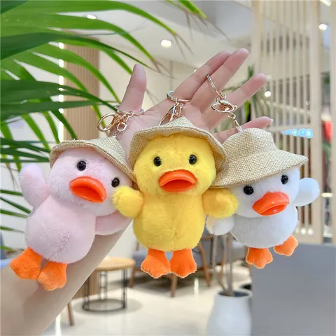 Cute Plush Duck Chicken Keychain Pendant With Mini Straw Hat Soft Stuffed Animal Bag Hanging Ornament For Kids Women Gift