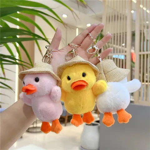 Cute Plush Duck Chicken Keychain Pendant With Mini Straw Hat Soft Stuffed Animal Bag Hanging Ornament For Kids Women Gift