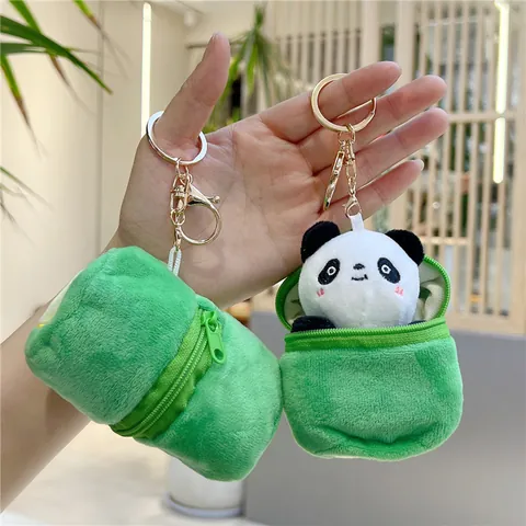 Portachiavi Creativo Panda in Peluche Con Borsa a Zip a Forma di Germoglio di Bambù Verde Ciondolo Zaino Scuola per Bambini