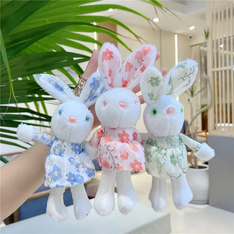 Cute Bunny Plush Keychain With Floral Dress Mini Stuffed Rabbit Bag Charm Toy For Backpack Decoration Girls Gift