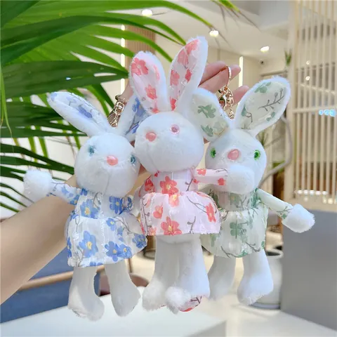 Cute Bunny Plush Keychain With Floral Dress Mini Stuffed Rabbit Bag Charm Toy For Backpack Decoration Girls Gift