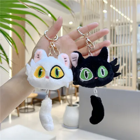 Cute Plush Cat Head Keychain Pendant With Long Fuzzy Tail For Women Bag Charm Ornament Decorative Accessories Gift