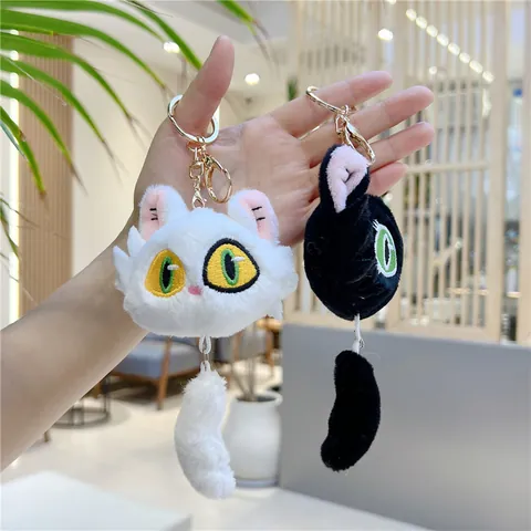 Cute Plush Cat Head Keychain Pendant With Long Fuzzy Tail For Women Bag Charm Ornament Decorative Accessories Gift