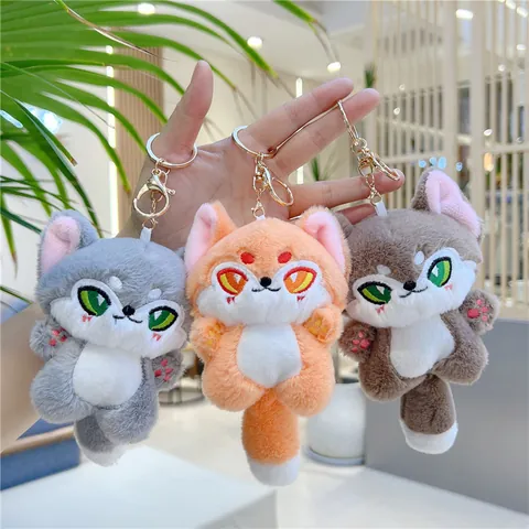 Cute Plush Animal Keychain Pendant Fox Wolf Cat Soft Stuffed Toy With Metal Hook Embroidery Bag Hanging Charm For Women Kids