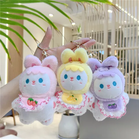Cute Rabbit Plush Toy Keychain With Lace Fruit Bib Soft Stuffed Animal Pendant For Bag Key Accessories Kids Women Gift