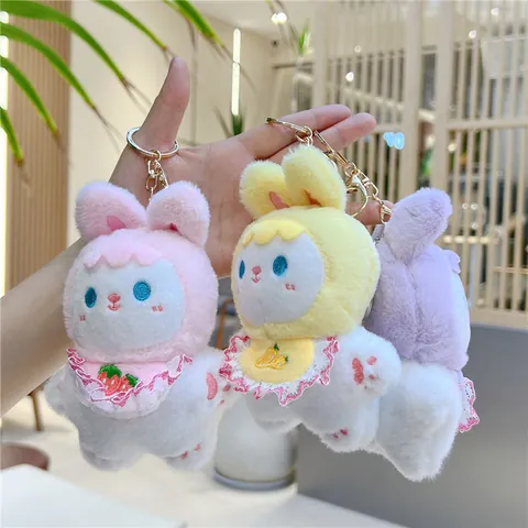 Cute Rabbit Plush Toy Keychain With Lace Fruit Bib Soft Stuffed Animal Pendant For Bag Key Accessories Kids Women Gift