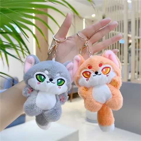 Cute Plush Animal Keychain Pendant Fox Wolf Cat Soft Stuffed Toy With Metal Hook Embroidery Bag Hanging Charm For Women Kids