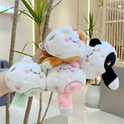 Squeaky Cat Plush Keychain Soft Stuffed Animal Doll Bag Charm Golden Clasp Bead Chain Accessory For Kids Teens Gift