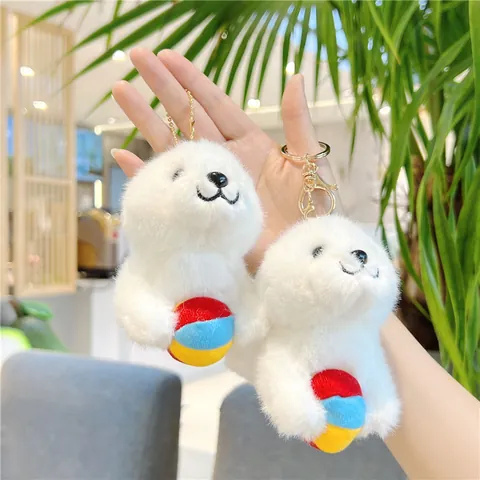 Cute Sea Lion Seal Plush Keychain Pendant With Multicolor Ball Soft Stuffed Animal Doll Bag Charm For Kids Women Jewelry Gift