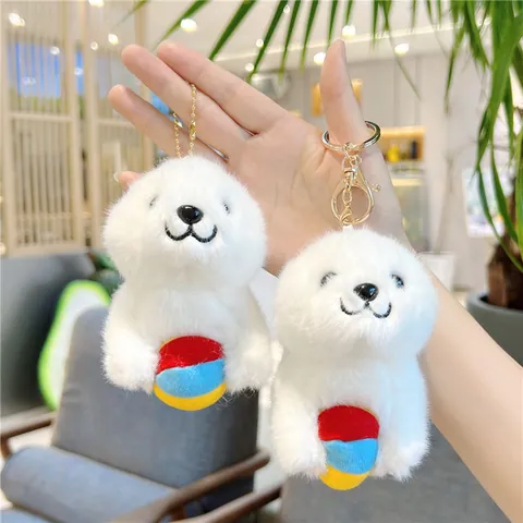 Cute Sea Lion Seal Plush Keychain Pendant With Multicolor Ball Soft Stuffed Animal Doll Bag Charm For Kids Women Jewelry Gift