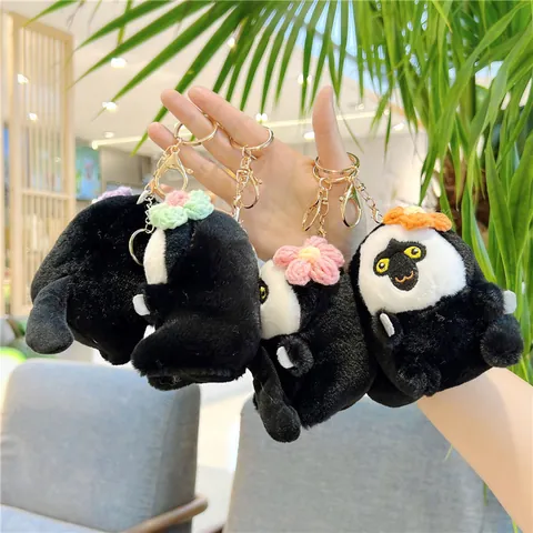 Cute White-Faced Monkey Plush Keychain With Crochet Flower Soft Stuffed Animal Doll Bag Pendant Metal Key Ring Gift