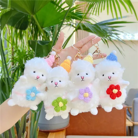 Simpatico Portachiavi di Peluche di Agnello Bianco Pecora Giocattolo con Cappello a Maglia Fiore Kawaii Pendente Borsa Regalo