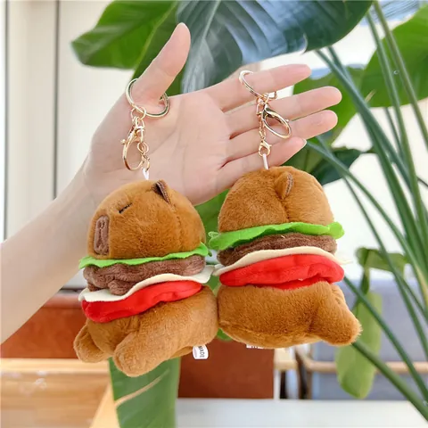 Porte-clés Peluche Capybara Hamburger Mignon Jouet Animal en Peluche Doux Pendentif de Sac Style Nourriture Créative Cadeau Enfants Amis