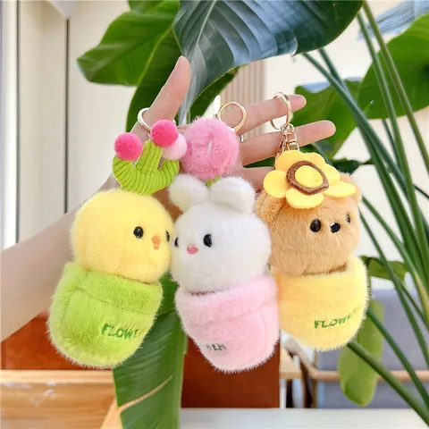 Cartoon Plush Animal Potted Keychain Cute Sunflower Bear Rabbit Chicken Soft Stuffed Toy Bag Ornament Gift For Kids Women