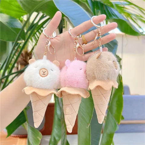 Cute Capybara Animal Ice Cream Plush Keychain For Women Girls Soft Stuffed Doll Bag Charm Pendant Key Ring Accessory Gift