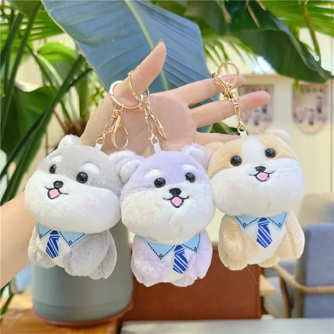 Cute Shiba Inu Plush Toy Dog Keychain Pendant Soft Stuffed Animal Bag Charm Accessory With Blue Tie Decoration For Kids Girls Gift
