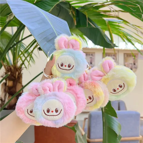 Cute Squeaky Plush Rabbit Monster Keychain Pendant Soft Faux Fur Tie Dye Backpack Ornament For Women Kids Birthday Gift