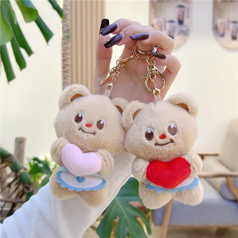 Cute Bear Plush Keychain With Heart Soft Stuffed Animal Doll Pendant For Backpack School Bag Key Decor Gift For Kids Teens