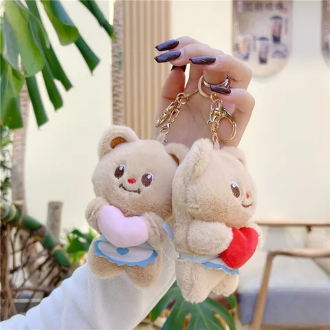 Cute Bear Plush Keychain With Heart Soft Stuffed Animal Doll Pendant For Backpack School Bag Key Decor Gift For Kids Teens