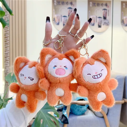 Cute Orange Plush Animal Keychain Soft Stuffed Fox Cat Pendant For Backpack Bag Decoration Embroidered Expression Toy Gift For Kids Women