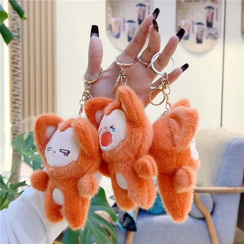 Cute Orange Plush Animal Keychain Soft Stuffed Fox Cat Pendant For Backpack Bag Decoration Embroidered Expression Toy Gift For Kids Women