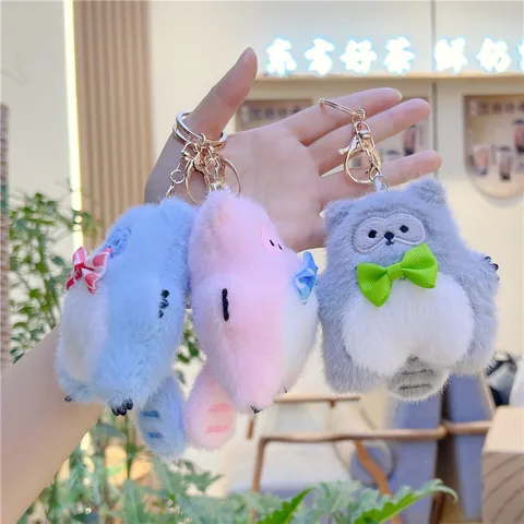Süßer Plüsch Katze Schlüsselanhänger Anhänger Weiches Kunstfell Tier Taschenanhänger Mit Schleife Langflor Plüsch PP Baumwolle Schlüsselring