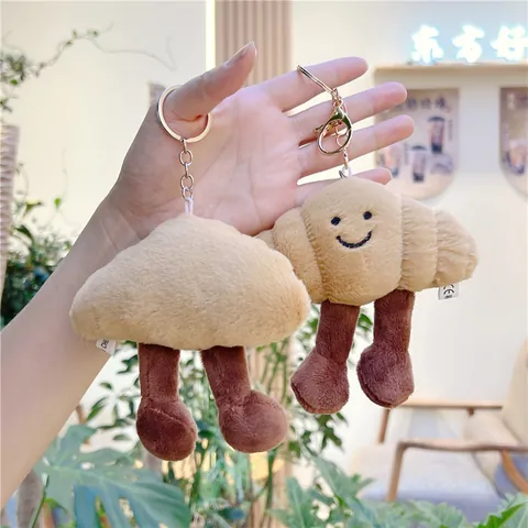 Cute Plush Croissant Keychain Smile Face Bread Bag Pendant Soft Stuffed Food Doll Key Ring For Women Girls Bag Accessories
