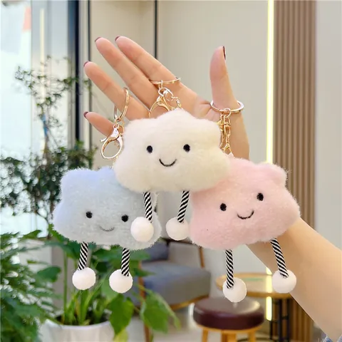 Cute Plush Cloud Keychain With Smile Face Embroidery Striped Legs Pendants Soft Stuffed Toy Bag Accessories For Women Kids Gift
