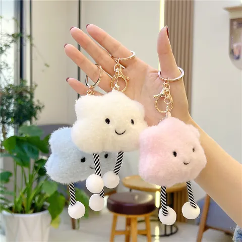Cute Plush Cloud Keychain With Smile Face Embroidery Striped Legs Pendants Soft Stuffed Toy Bag Accessories For Women Kids Gift
