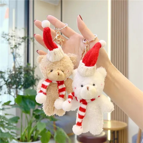 Christmas Plush Bear Keychain With Red Hat And Striped Scarf Soft Stuffed Animal Mini Doll Ornament Xmas Party Gift