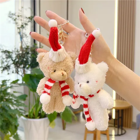 Christmas Plush Bear Keychain With Red Hat And Striped Scarf Soft Stuffed Animal Mini Doll Ornament Xmas Party Gift