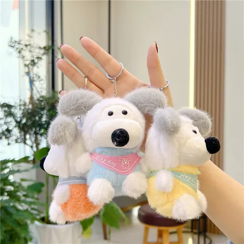 Cute Plush Dog Keychain Pendant Soft Stuffed Puppy Toy Bag Charm Decorative Animal Doll With Bib Gift For Girls Children Unisex