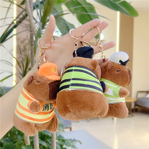 Cute Capybara Plush Keychain Stuffed Animal Toy Police Firefighter Traffic Police Uniform Mini Soft Bag Charm Ornament For Backpack