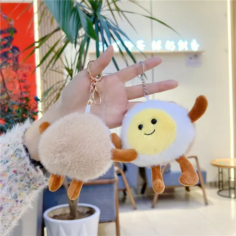 Cute Boiled Egg Plush Toy Keychain Cartoon Smile Face Stuffed Doll Pendant Soft Short Plush Bag Charm Backpack Keys Gift