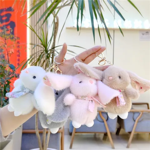 Cute Long Eared Rabbit Plush Toy Keychain Floral Ribbon Stuffed Animal Bunny Doll Bag Charm Decorative Hanging Accessory
