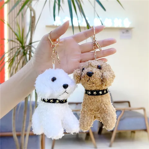 Simulation Puppy Plush Keychain Cute Teddy Poodle Stuffed Animal Doll With Star Collar Soft Dog Bag Charm Gift For Kids Women
