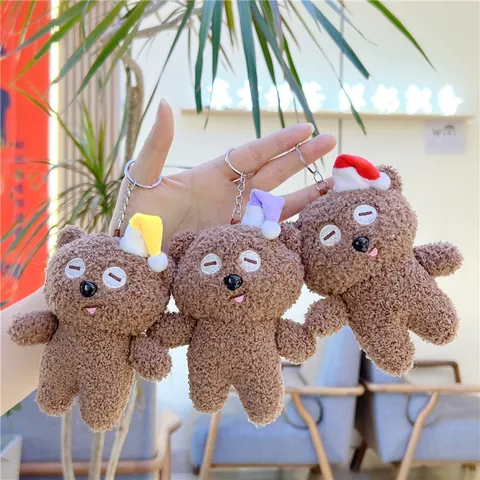 Cute Teddy Bear Plush Toy Keychain Small Soft Animal Doll Bag Charm Pendant Decorative Mini Bear With Hat Gift For Kids Adults
