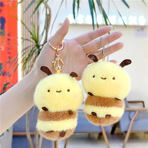 Cute Bee Plush Keychain Soft Stuffed Animal Bag Charm For Kids Girls Gift Striped Bumblebee Doll Hanging Ornament