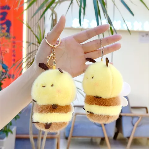 Cute Bee Plush Keychain Soft Stuffed Animal Bag Charm For Kids Girls Gift Striped Bumblebee Doll Hanging Ornament