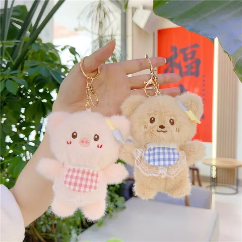Cute Plush Animal Keychain Bear Rabbit Pig Chick With Plaid Lace Bib Soft Stuffed Toy Bag Charm Pendant Gift For Women Girls