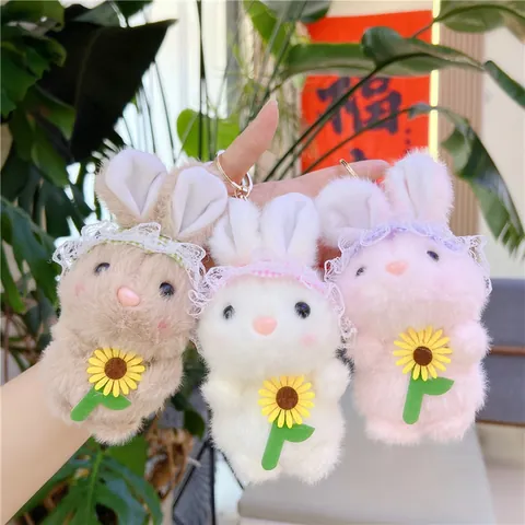 Schattige Pluche Konijn Sleutelhanger Met Zonnebloem En Kant Decoratie Zacht Knuffeldier Konijntje Tas Bedeltje Sleutelring Cadeau