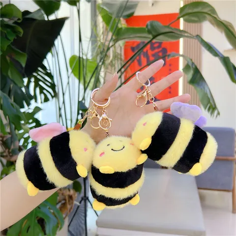 Cute Plush Bee Keychain Striped Bumblebee Stuffed Animal Pendant Soft Short Toy For Women Girls Bag Charm Decorative Gift