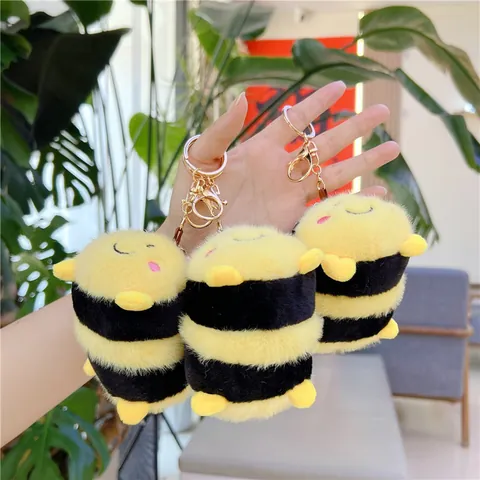 Cute Plush Bee Keychain Striped Bumblebee Stuffed Animal Pendant Soft Short Toy For Women Girls Bag Charm Decorative Gift