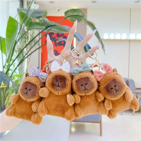 Cute Capybara Plush Keychain Stuffed Animal Toy Pendant With Colorful Bow Soft Long Plush Keychain For Bag Backpack Decoration Gift