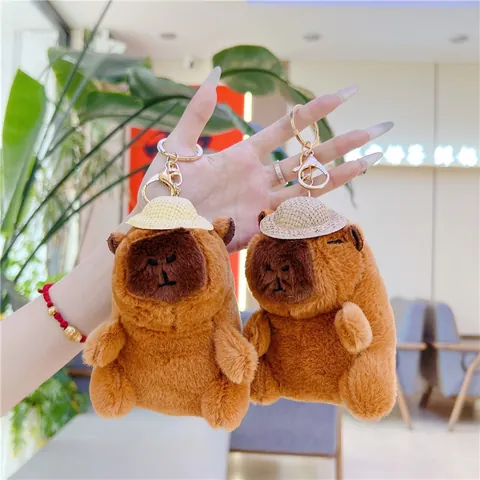 Simpatico Portachiavi in Peluche Capibara Con Mini Cappello di Paglia Morbido Peluche Marrone Per Ciondolo Borsa Accessori Regalo