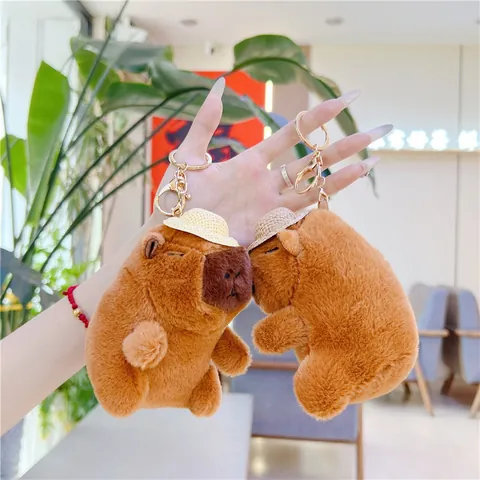 Simpatico Portachiavi in Peluche Capibara Con Mini Cappello di Paglia Morbido Peluche Marrone Per Ciondolo Borsa Accessori Regalo