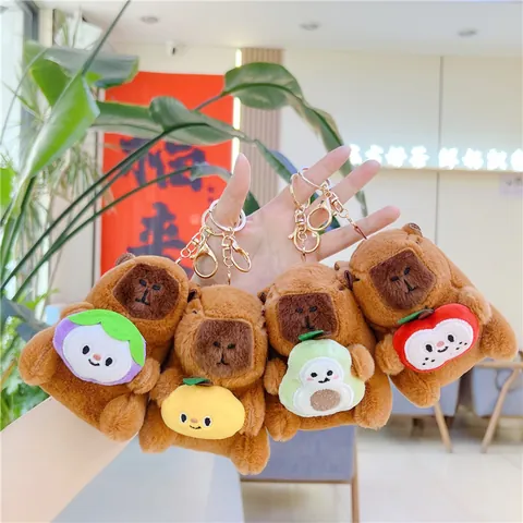 Cute Capybara Plush Keychain Stuffed Animal Bag Charm Holding Fruit Soft Toy For Women Girls Gift Brown Plushie Accessory
