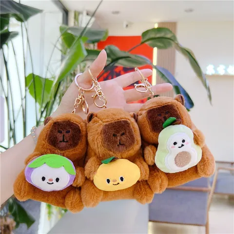 Cute Capybara Plush Keychain Stuffed Animal Bag Charm Holding Fruit Soft Toy For Women Girls Gift Brown Plushie Accessory