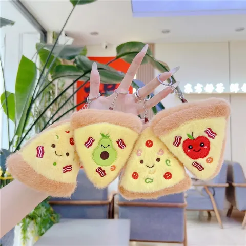 Cute Pizza Food Plush Keychain Embroidery Smiling Face Avocado Apple Orange Pattern Stuffed Toy Pendant Bag Decor Gift